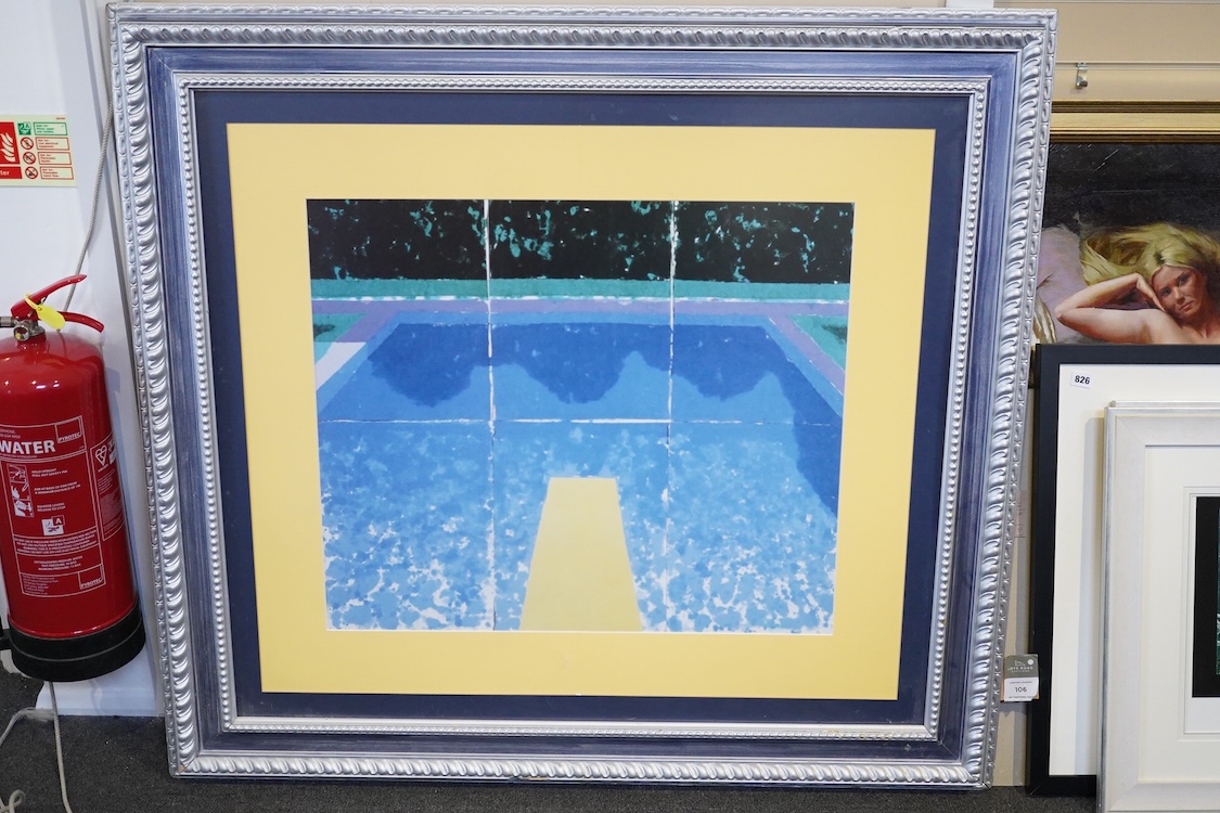 In the style of David Hockney (b.1937), Swimming pool, unsigned, mixed media, 62 x 74cm